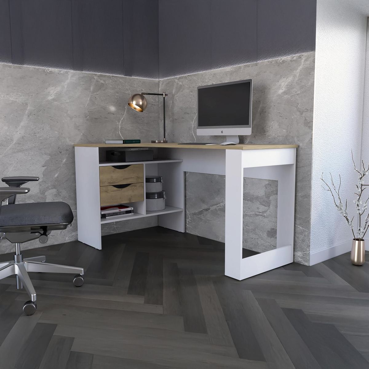 TUHOME - Escritorio en L Esquinero Noah Macadamia/Blanco 145x76.3x81 cm