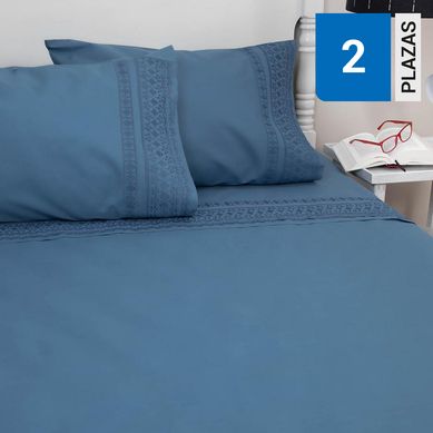 Juego sbanas 2 plazas broderie simone azul 144 hilos