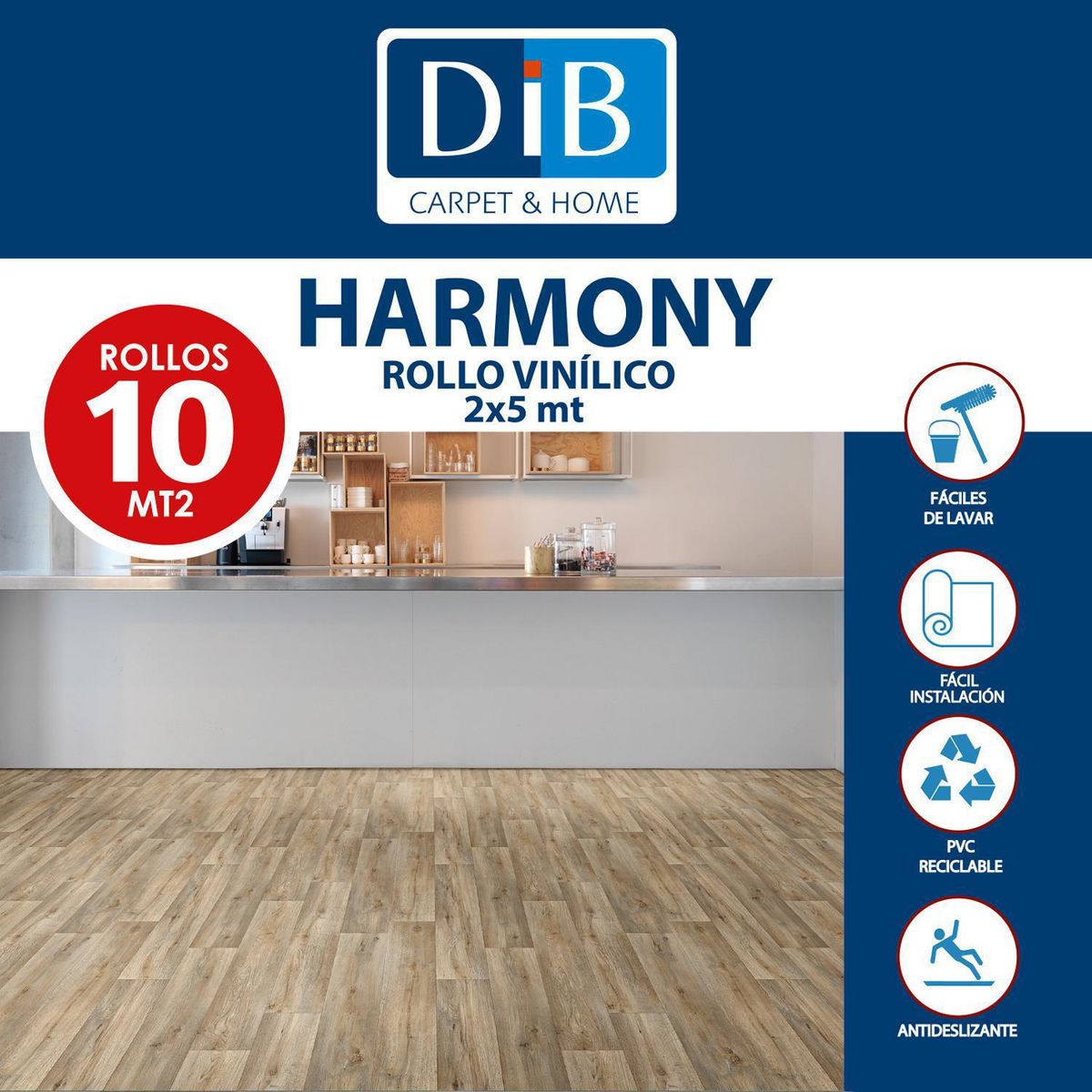 DIB - Piso Vinílico en Rollo 2 mm 2x5 m Harmony Café 10 m2