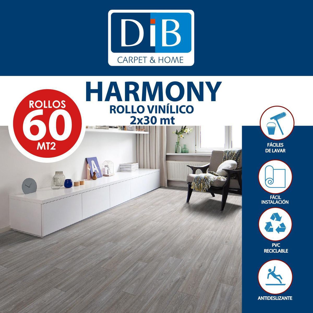 DIB - Piso Vinílico en Rollo 2 mm 2x30 m Harmony Gris 60 m2