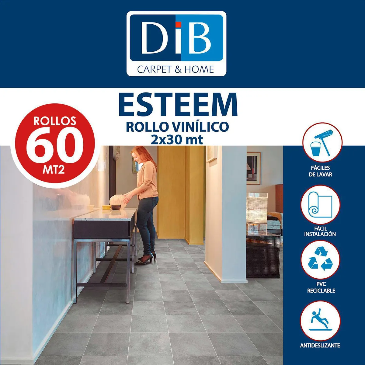 DIB - Piso Vinílico en Rollo 2 mm 2x30 m Esteem Gris 60 m2