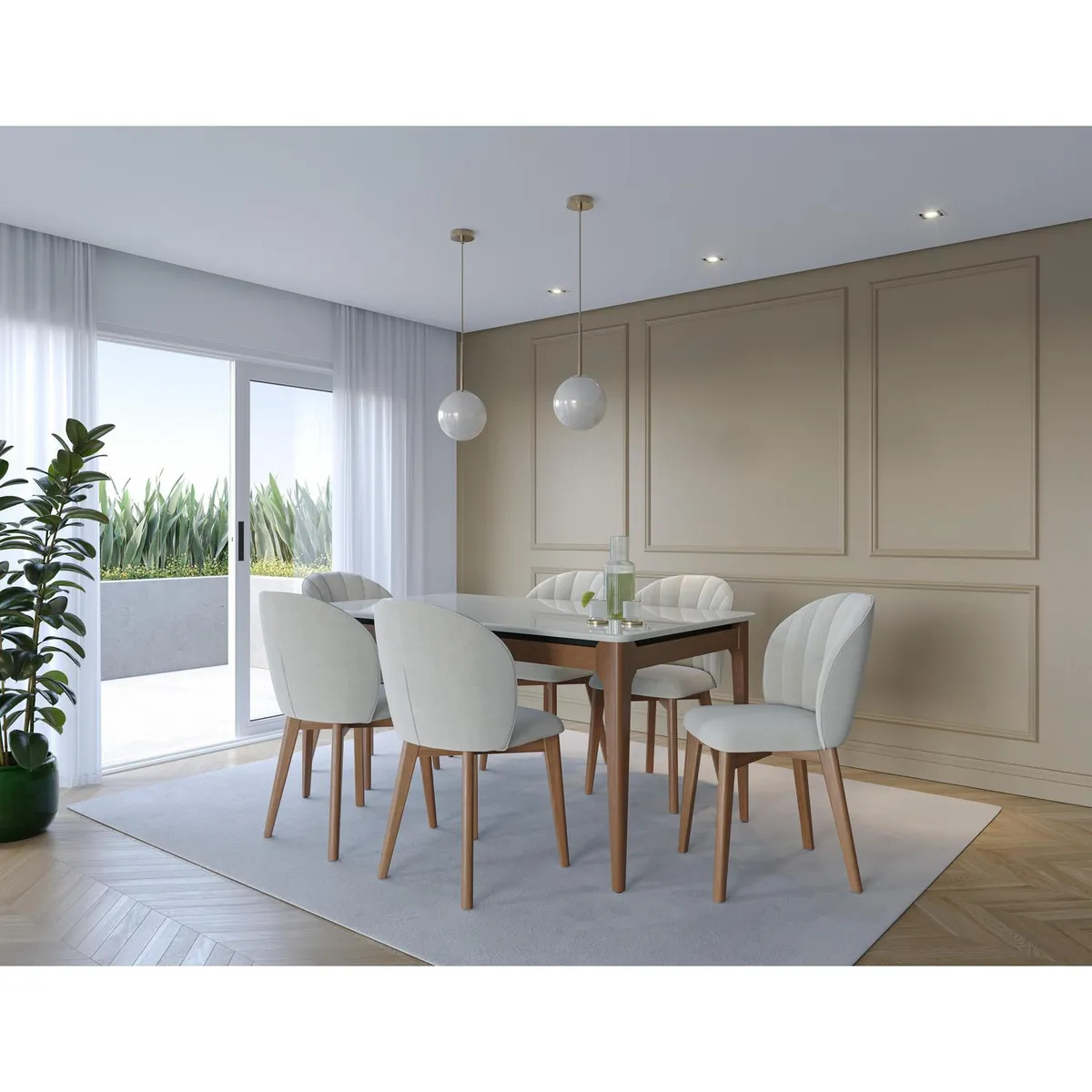 DECOCASA - Juego de Comedor Alba 6 Sillas Mesa Rectangular 90x77x160 cm Off White Natural Cadmpagne