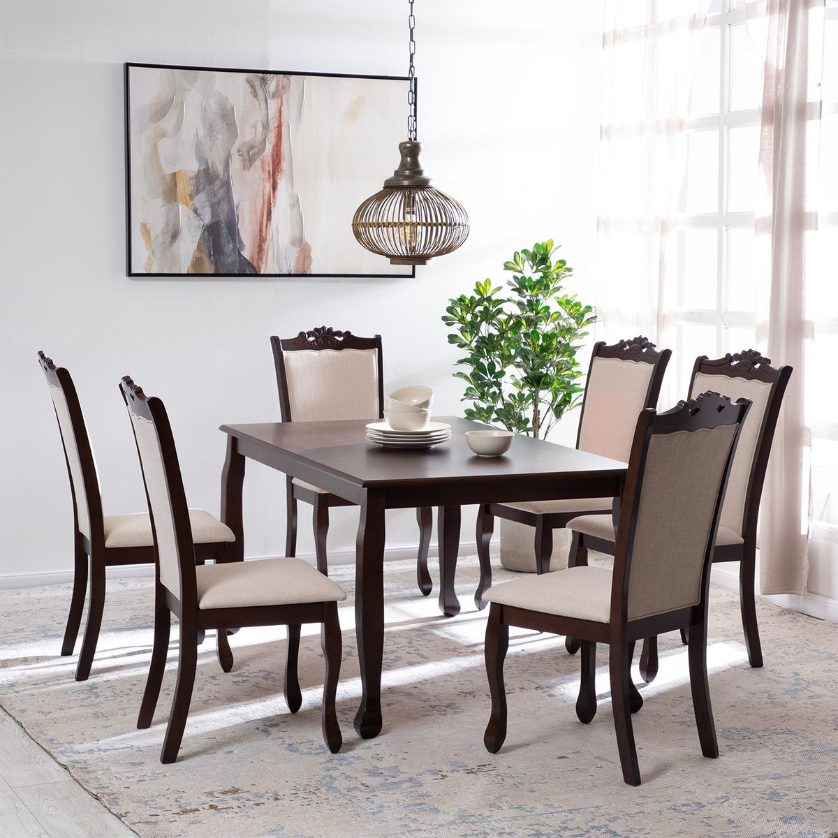 EXIT - Juego de Comedor Aragon 6 Sillas Mesa Rectangular 90x74x150 cm Marrón