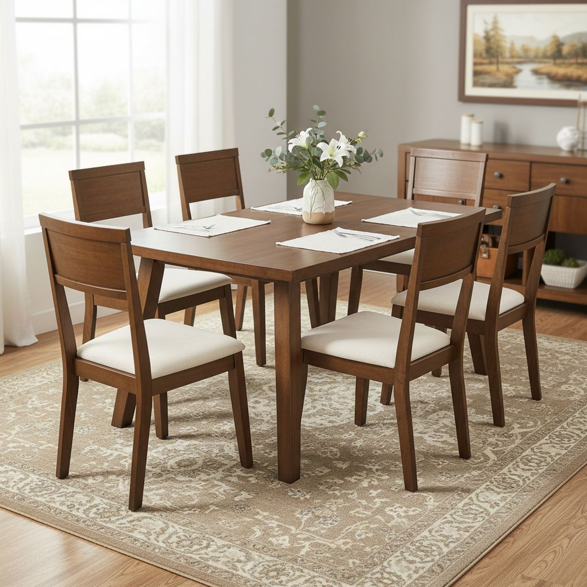 EXIT - Juego de Comedor Castilla 6 Sillas Mesa Rectangular 90x74x150 cm Nuez