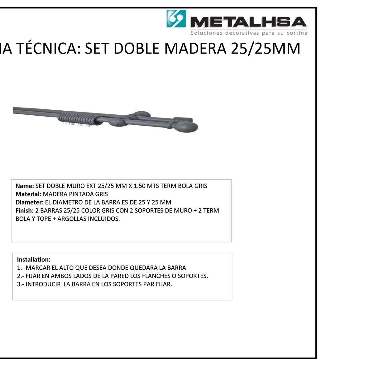 Set doble madera 25/25mm x 1.50 bola gris con argollas, marca METALHSA - Foto 2