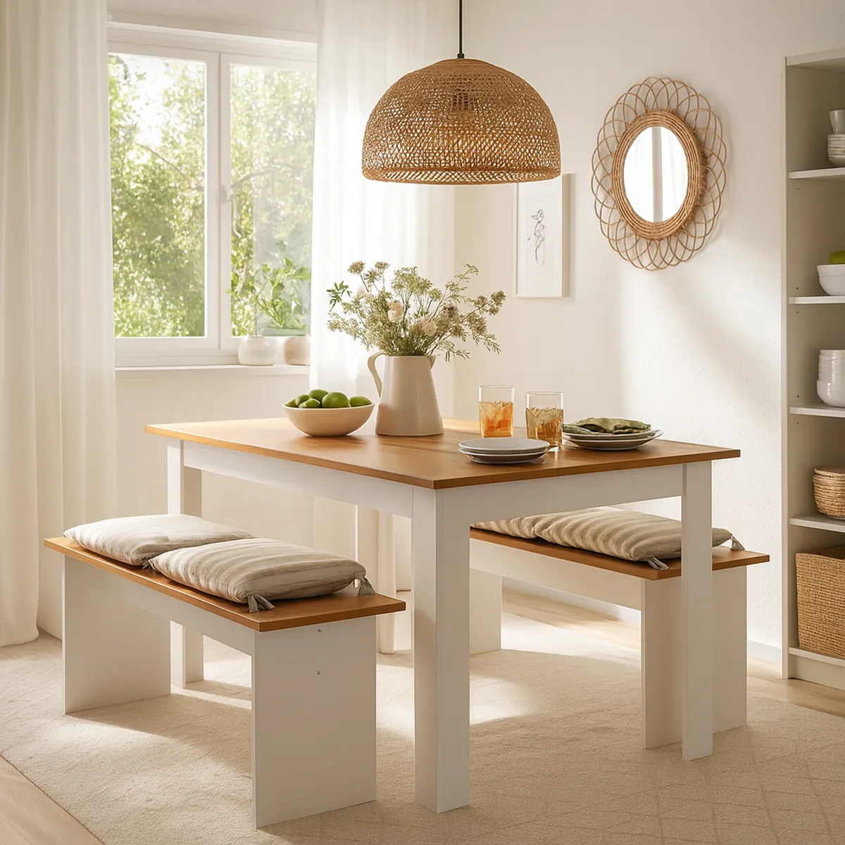 BE DESIGN - Juego de Comedor Zanzini 4 Sillas Mesa Rectangular 75.2x75x135 cm Blanco/Café