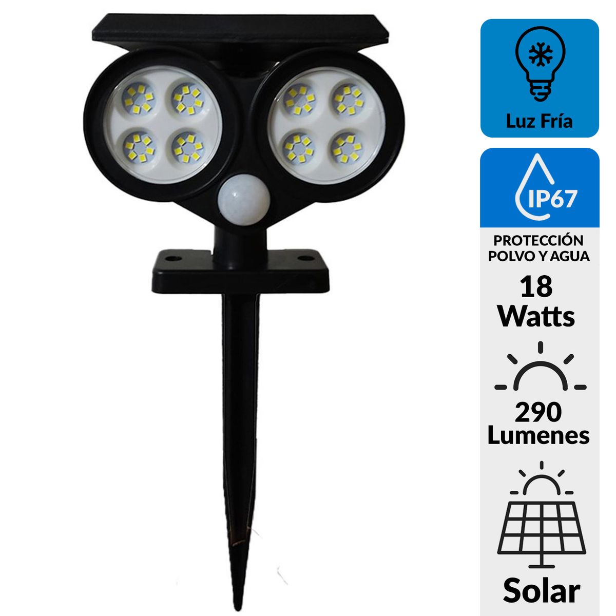 LEDZONE - Estaca Solar Led con Sensor 18 W IP 67 290 lm Luz Fría
