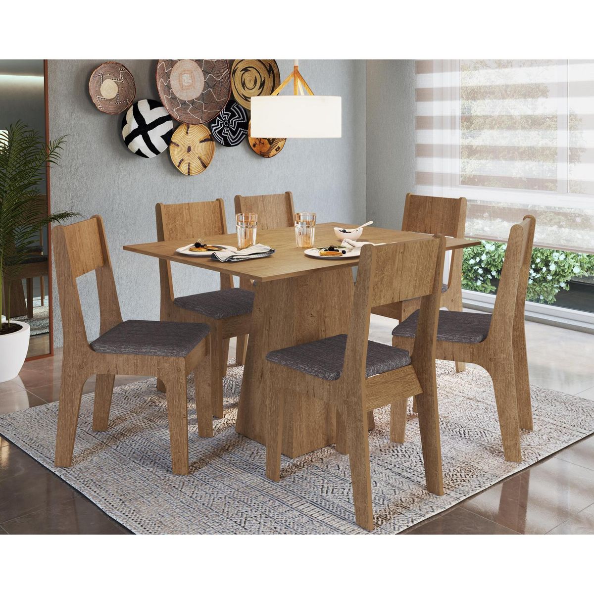 MOBILFRANK - Juego de Comedor MJ0106MM 6 Sillas Mesa Rectangular 90x78x120 cm Miel