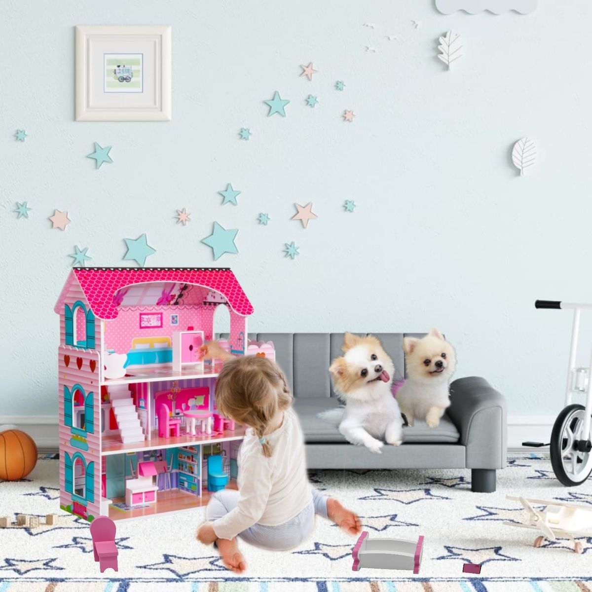 KIDSCOOL - Casa de muñecas Lily de 3 pisos con accesorios