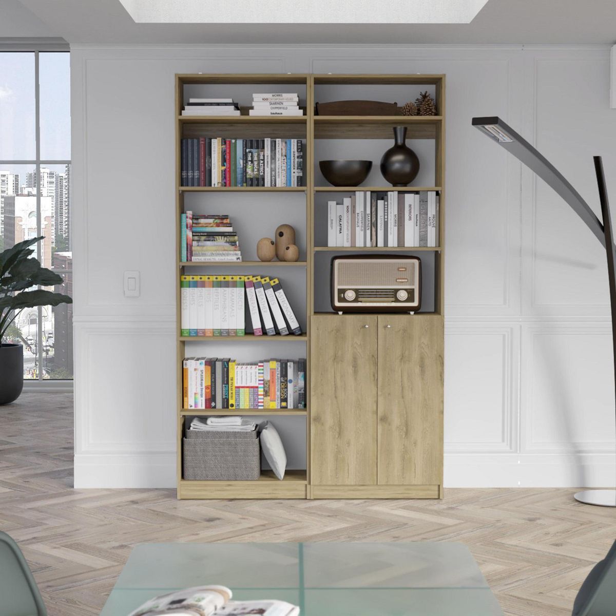 TUHOME - Combo estante 2 puertas+ estante 5 repisas + 2 complemento macadamia