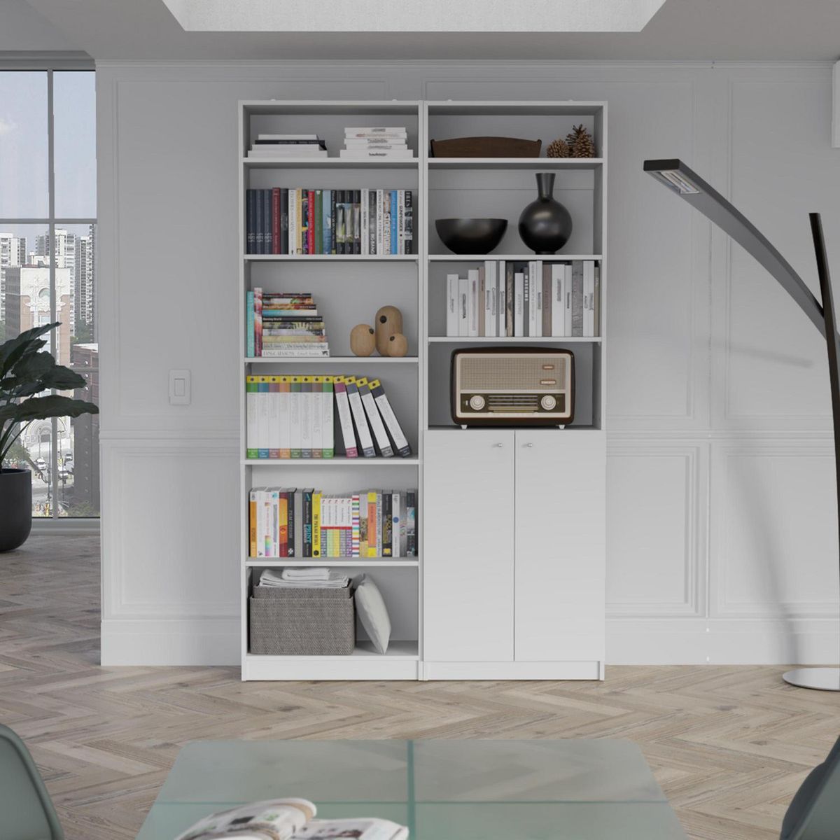 TUHOME - Combo estante 2 puertas+ estante 5 repisas + 2 complemento blanco