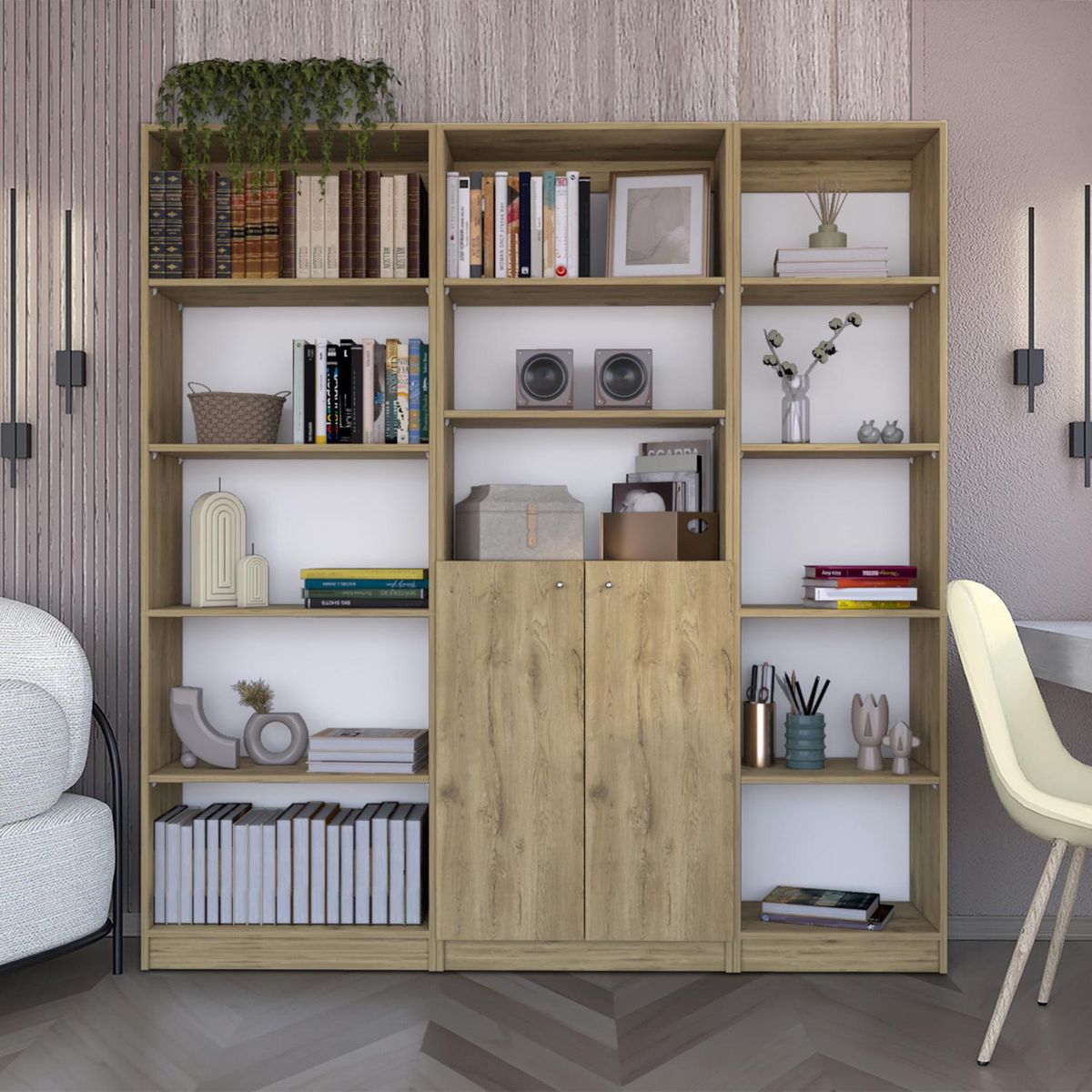 TUHOME - Combo estante 5 repisas + estante 2 puertas + estante 45cm macadamia