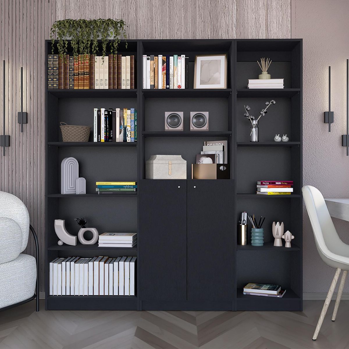 TUHOME - Combo estante 5 repisas + estante 2 puertas + estante 45cm wengue