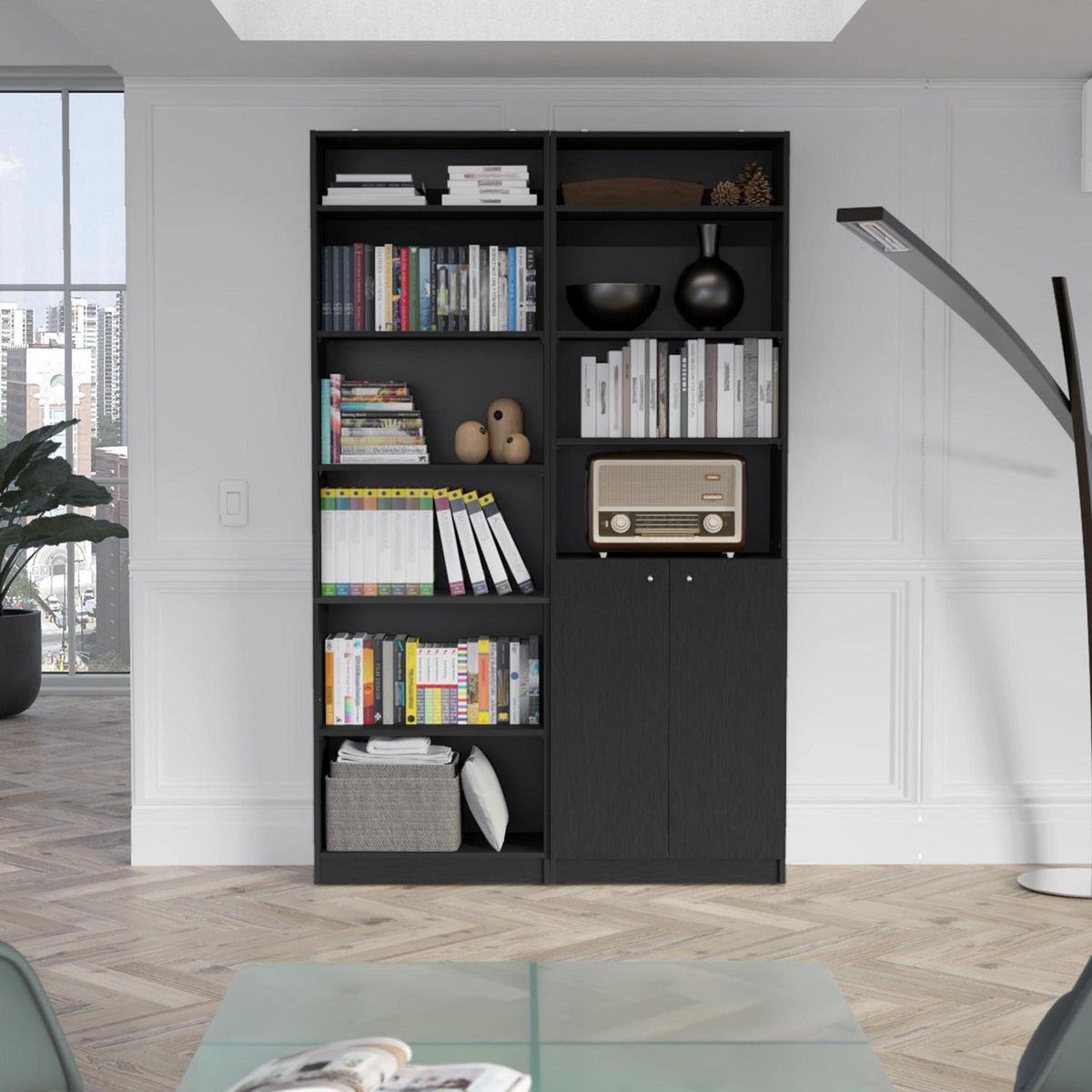 TUHOME - Combo estante 2 puertas+ estante 5 repisas + 2 complemento wengue