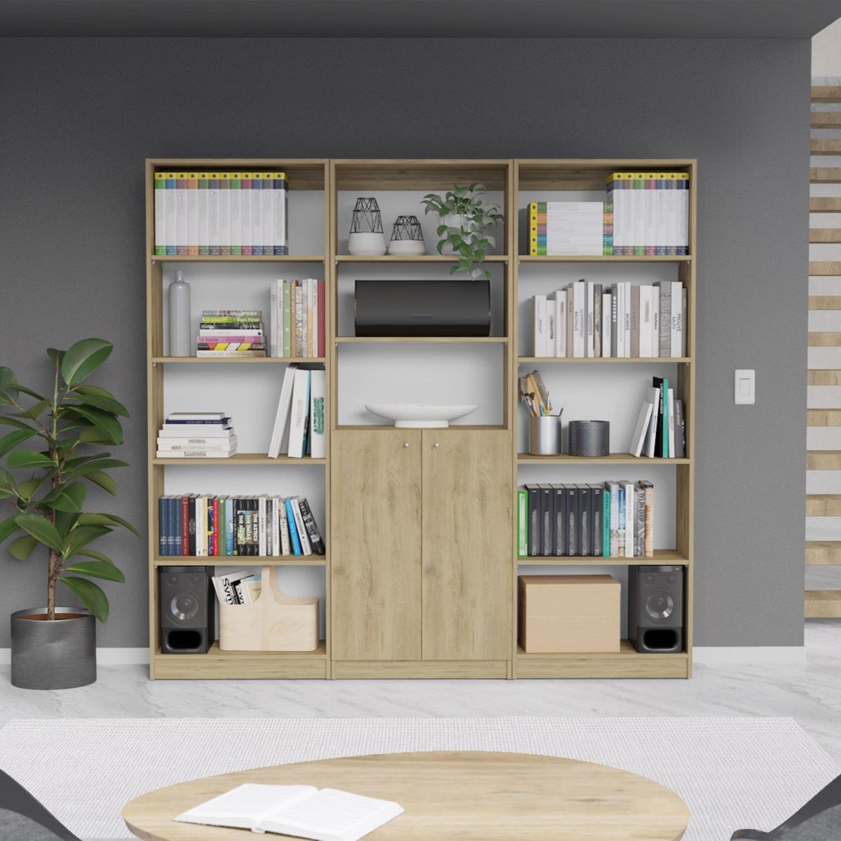 TUHOME - Combo 2 estantes 5 repisas + estante 2 puertas macadamia