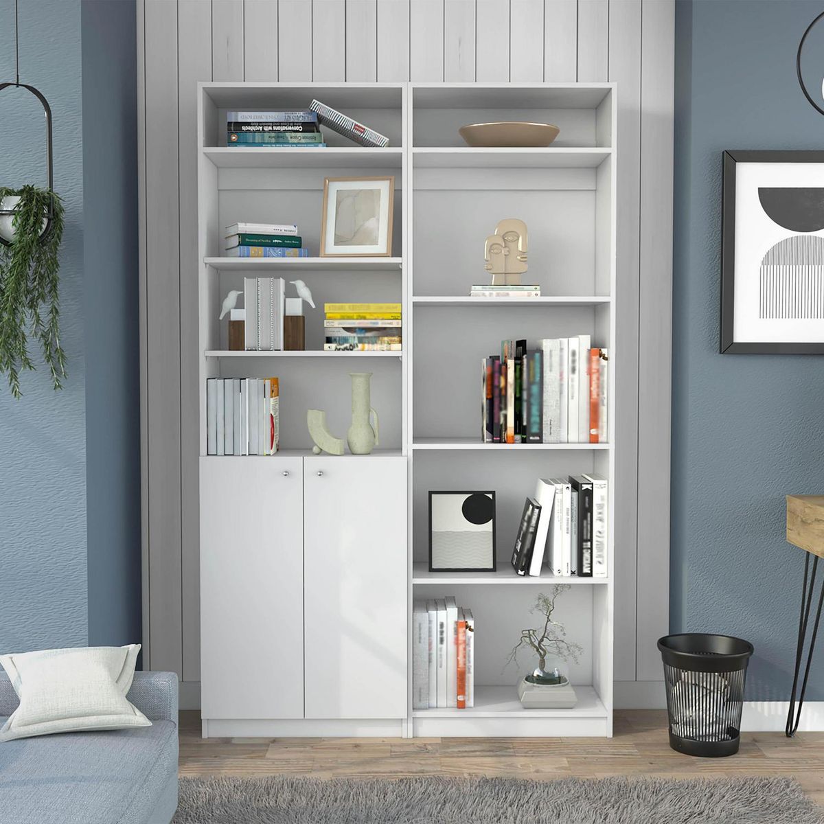 TUHOME - Combo estante 2 puertas+ estante 4 repisas + 2 complemento blanco