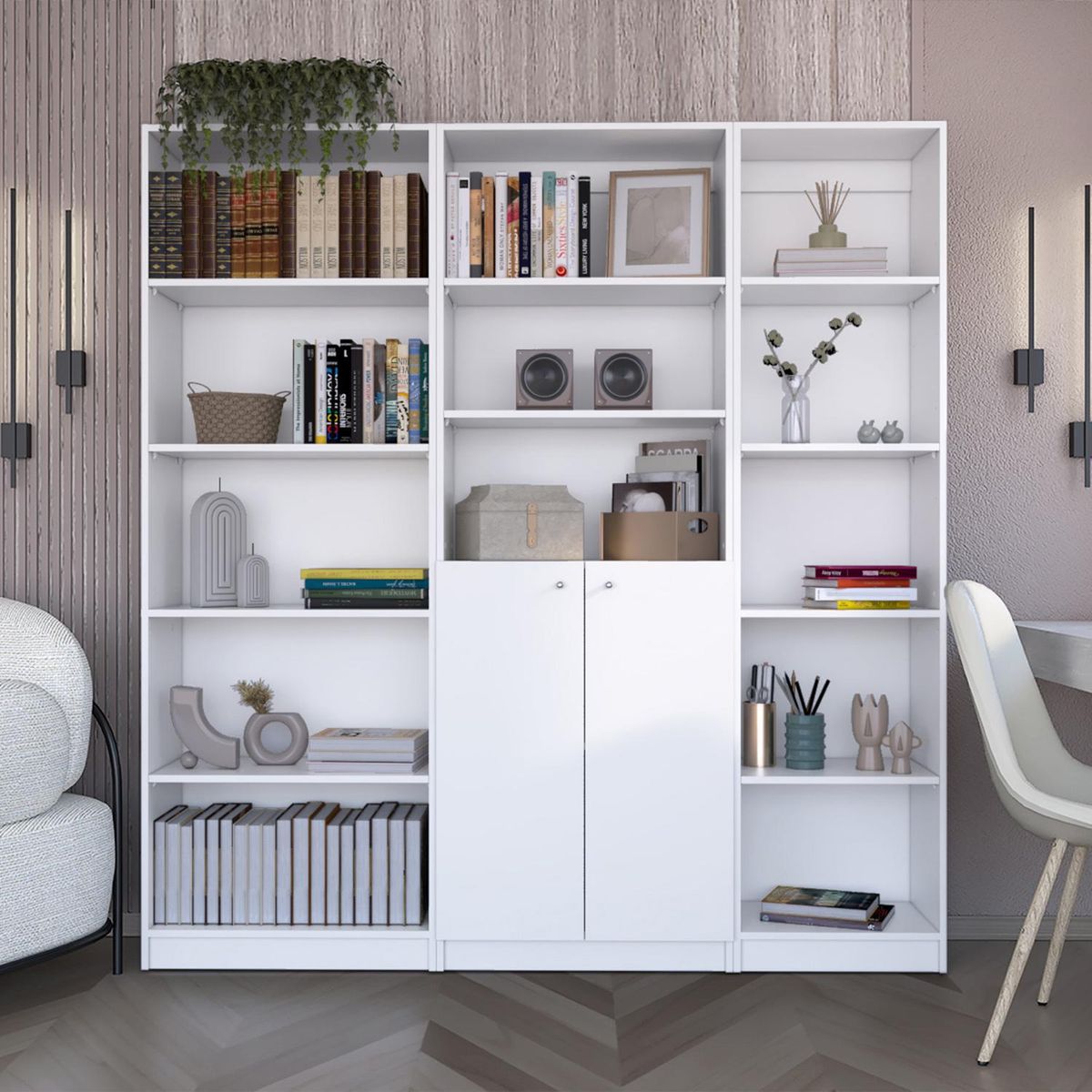 TUHOME - Combo estante 5 repisas + estante 2 puertas + estante 45cm blanco