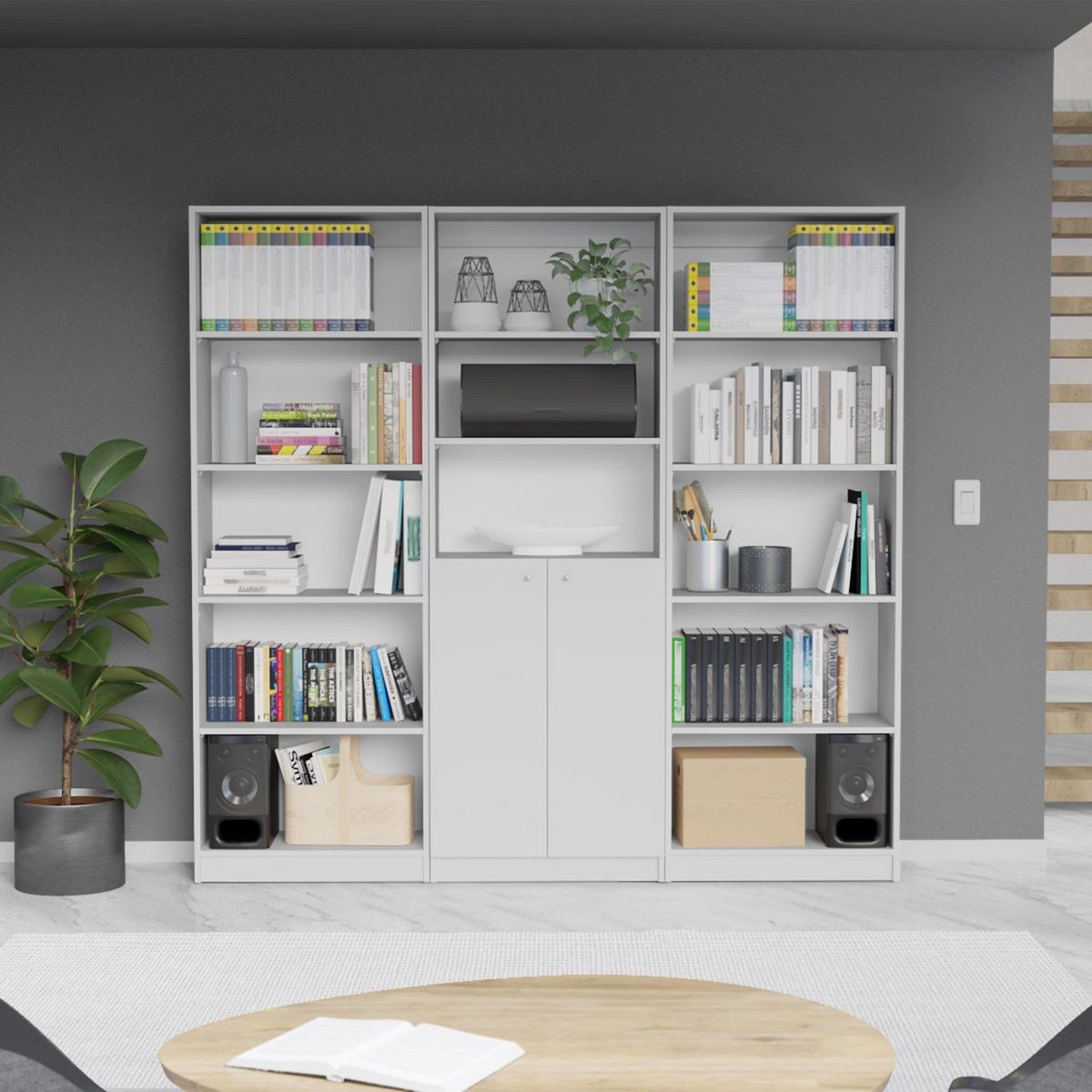 TUHOME - Combo 2 estantes 5 repisas + estante 2 puertas blanco