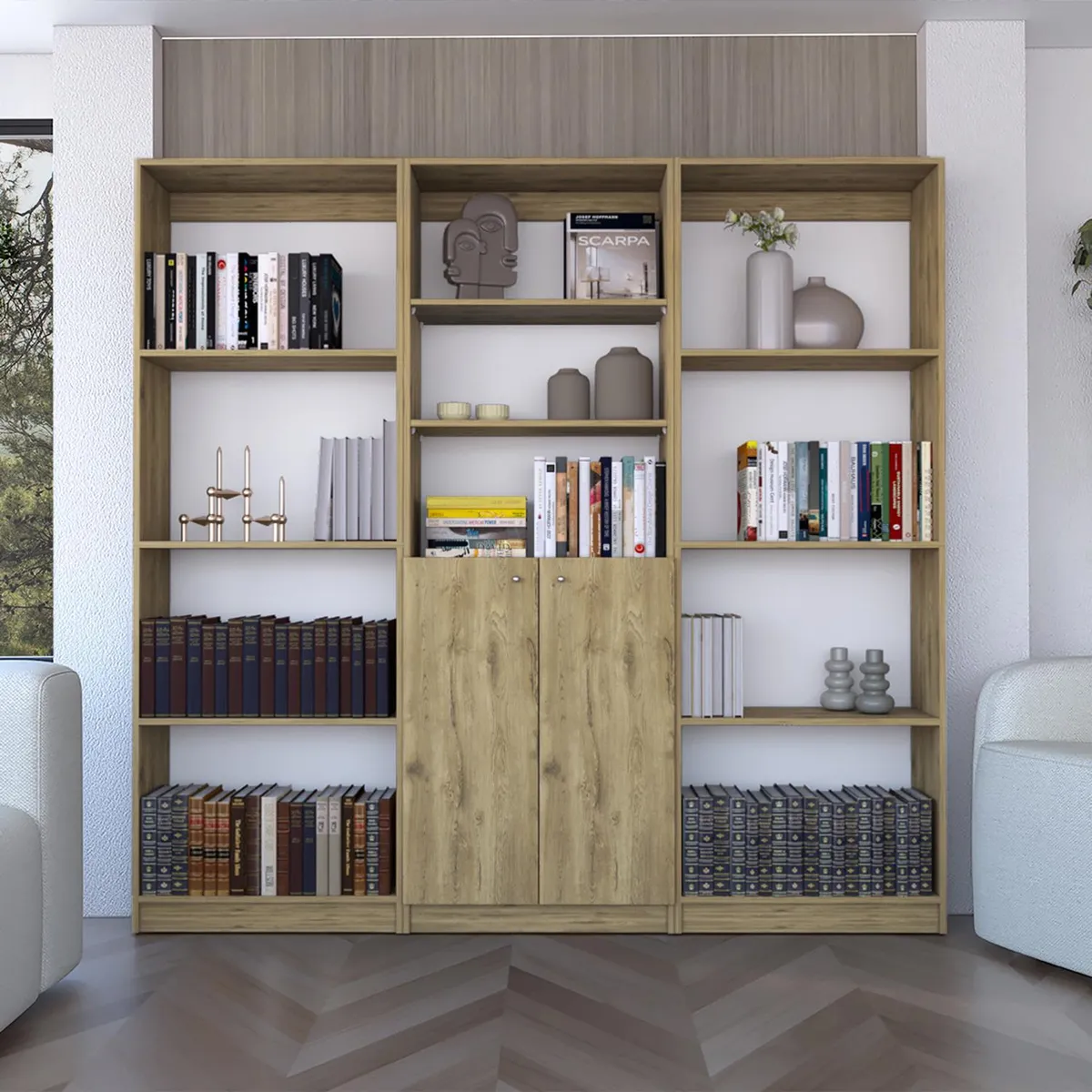 TUHOME - Combo 2 estantes 4 repisas + estante 2 puertas macadamia