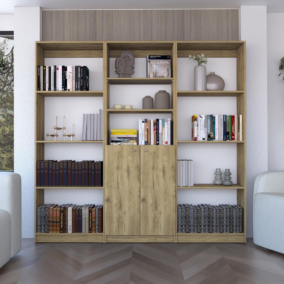 TUHOME - Combo 2 estantes 4 repisas + estante 2 puertas macadamia