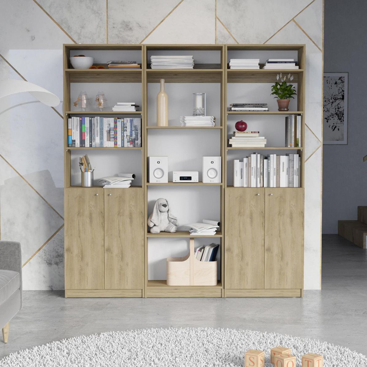 TUHOME - Combo 2 estantes 2 puertas + estante 4 repisas + 3 complemento macadamia