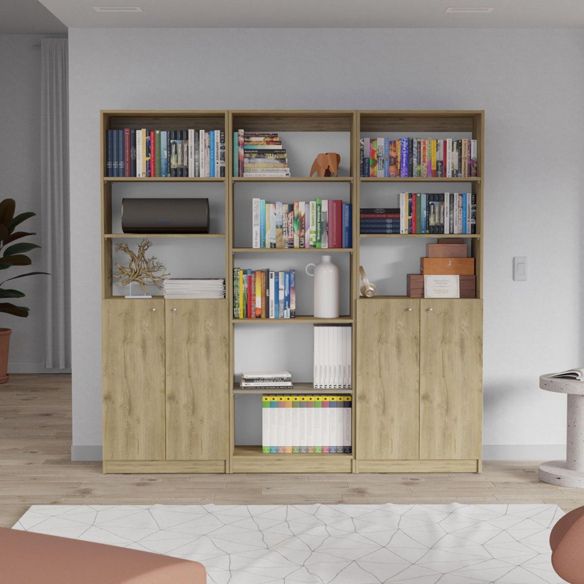 TUHOME - Combo 2 estantes 2 puertas + estante 5 repisas macadamia