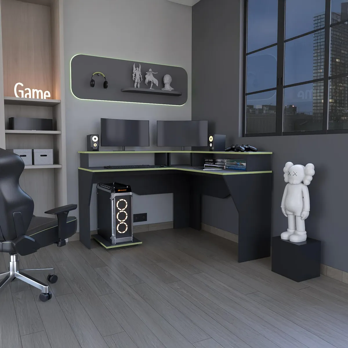 TUHOME - Escritorio Gamer en L Esquinero Guma Wengue 127.95x88.5x127.9 cm