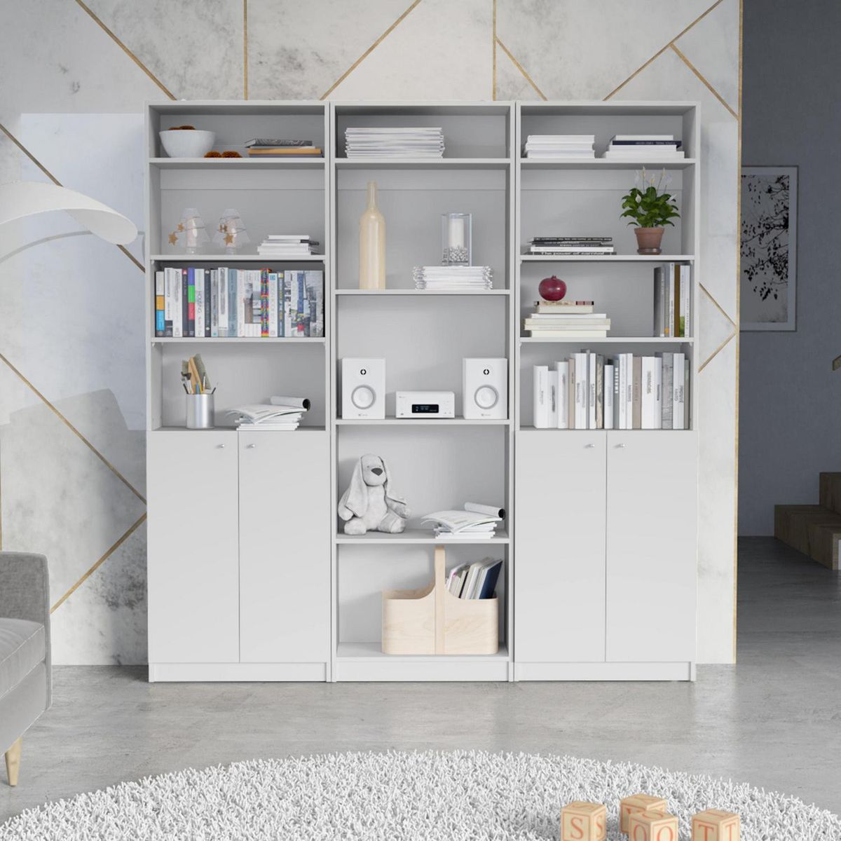 TUHOME - Combo 2 estantes 2 puertas + estante 4 repisas + 3 complemento blanco