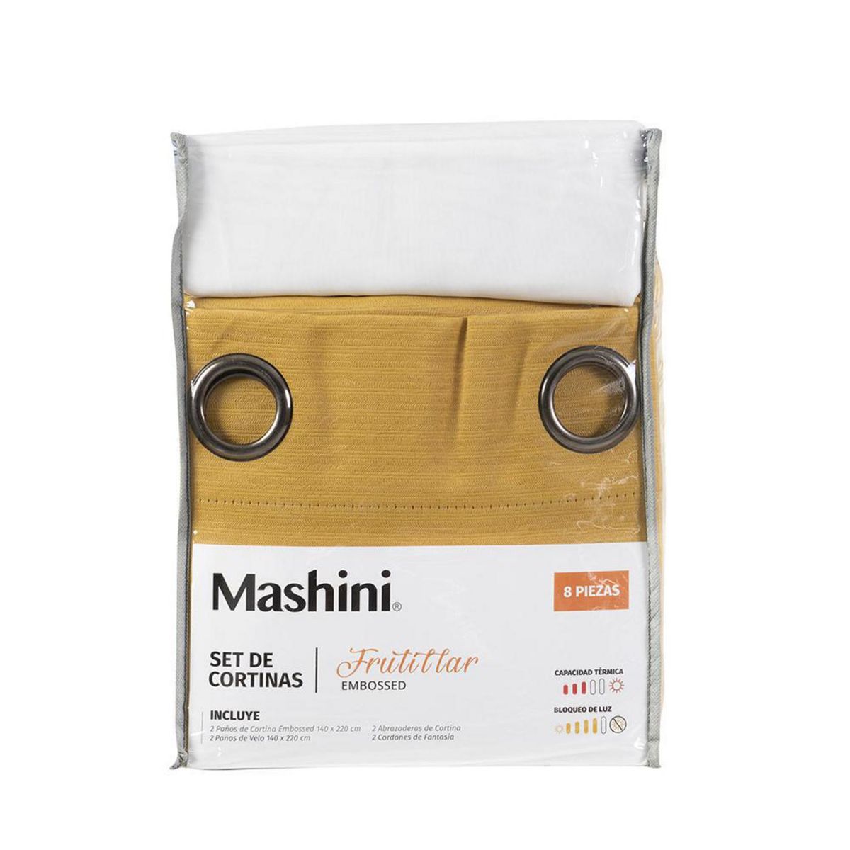 MASHINI - Set Cortina Blackout Emb. 8 piezas argollas 140x220 cm Gold Frutillar