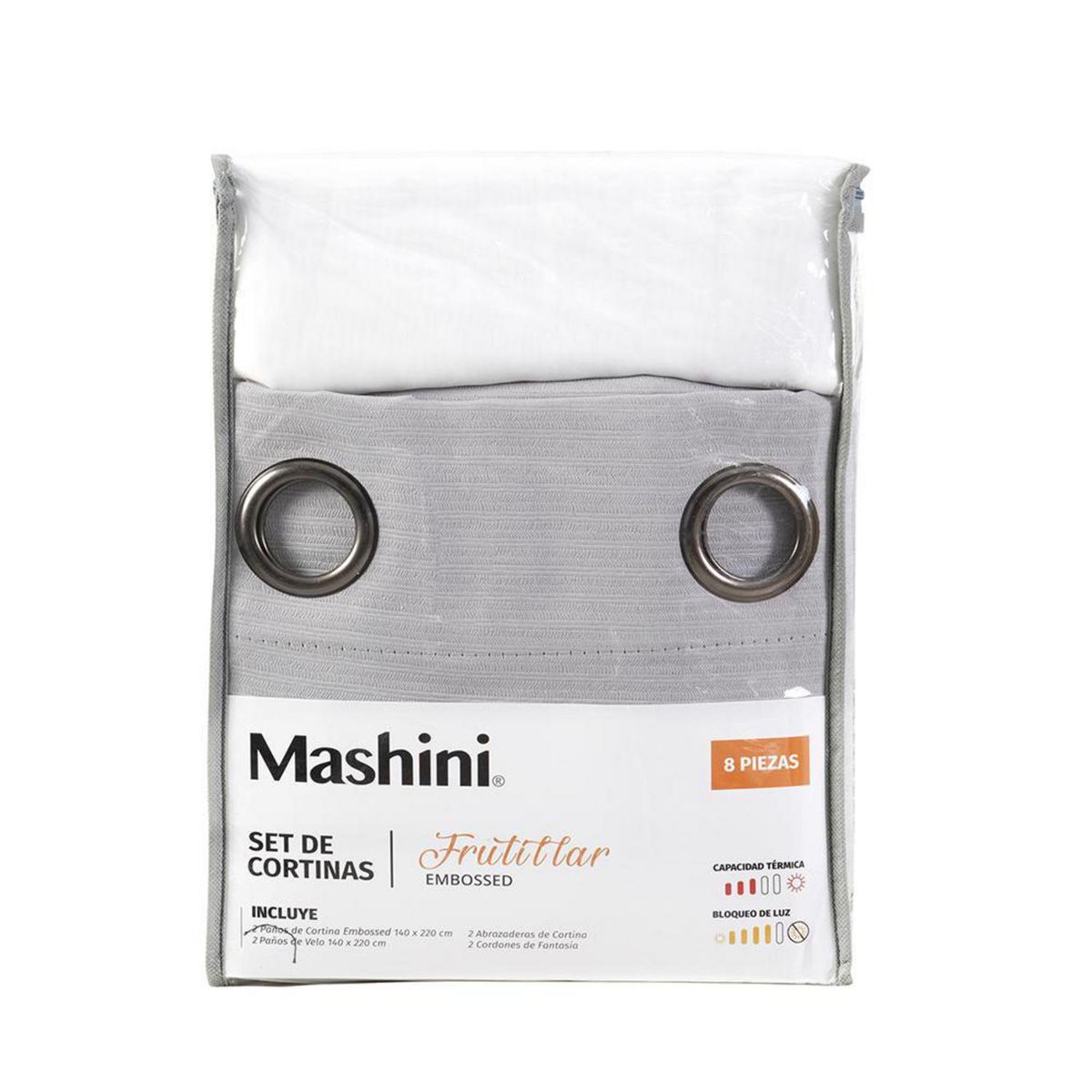 MASHINI - Set Cortina Blackout Emb. 8 piezas argollas 140x220 cm Gris Frutillar
