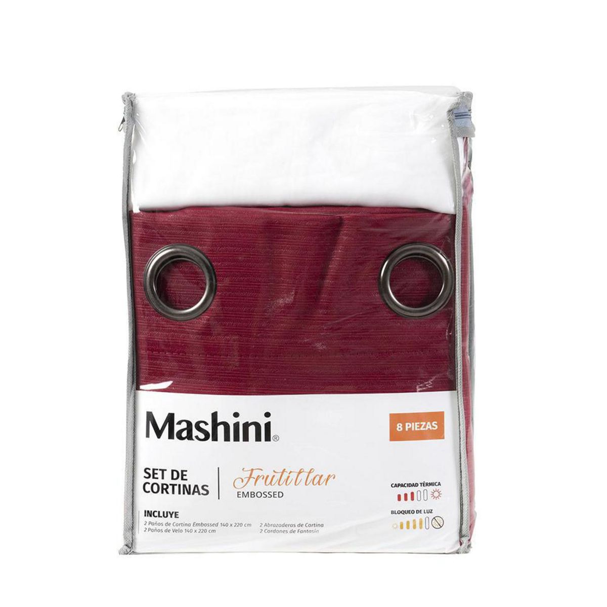 MASHINI - Set Cortina Blackout Emb. 8 piezas argollas 140x220 cm Burdeo Frutillar