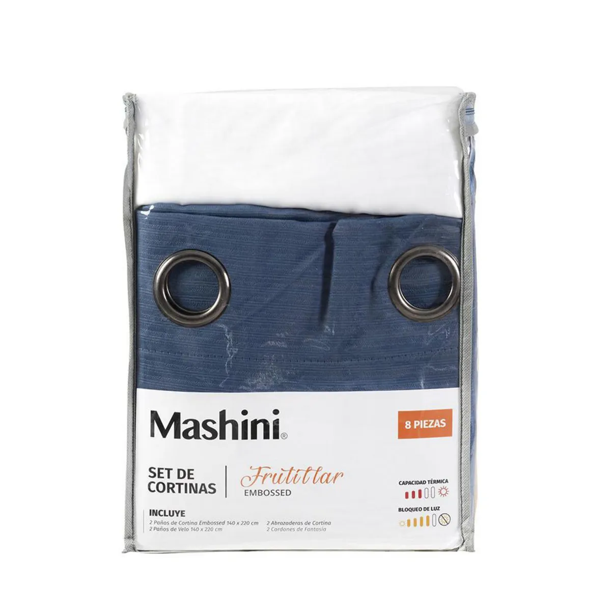 MASHINI - Set Cortina BlackoutEmb. 8 piezas argollas 140x220 cm Azul Frutillar