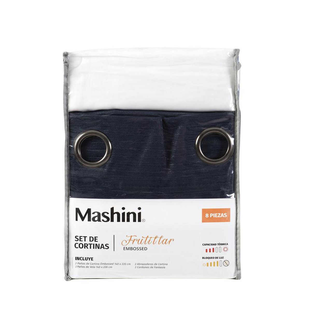 MASHINI - Set Cortina Blackout Emb. 8 piezas argollas 140x220 cm Taupe Frutilla