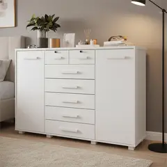 VEKKAHOME - Cómoda 2 Puertas 7 Cajón(es) FONTANA 160x110x45 cm Blanco