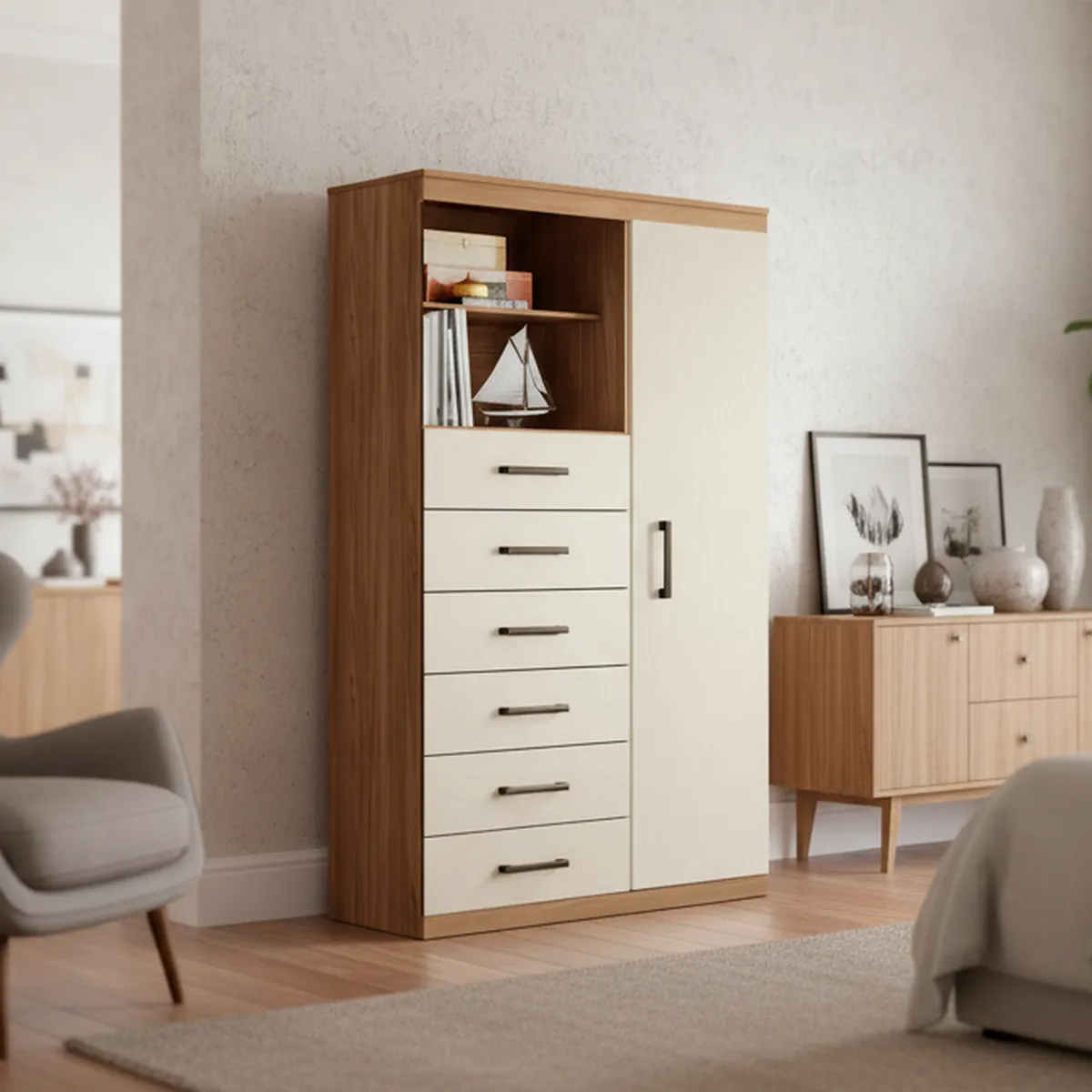 ONESSTA - Cómoda 1 Puerta 6 Cajón(es) Maraba 96.2x163.5x40 cm Beige/Café