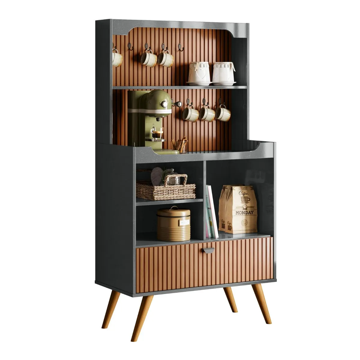 ONESSTA - Mueble para café 1 puerta y colgadores con patas de madera gris brillo