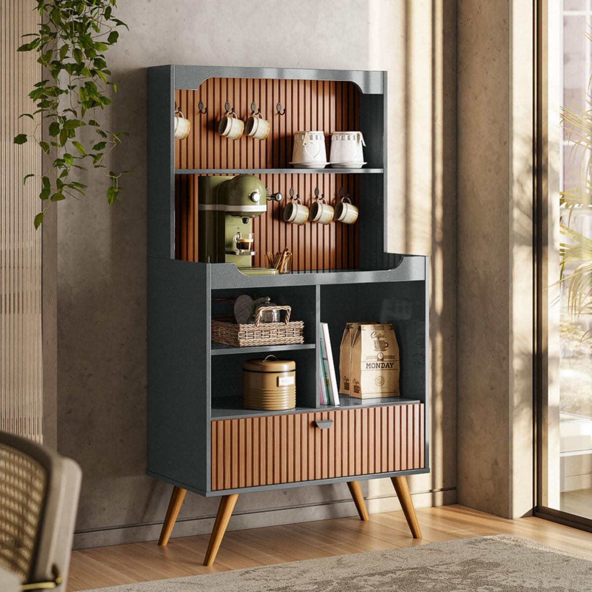 ONESSTA - Mueble para café 1 puerta y colgadores con patas de madera gris brillo