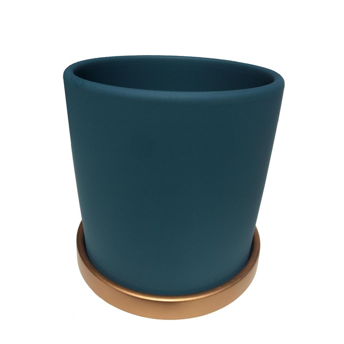 DECOGREEN - Macetero Cilindro con Plato L de Arcilla 18x18 cm Verde y Dorado
