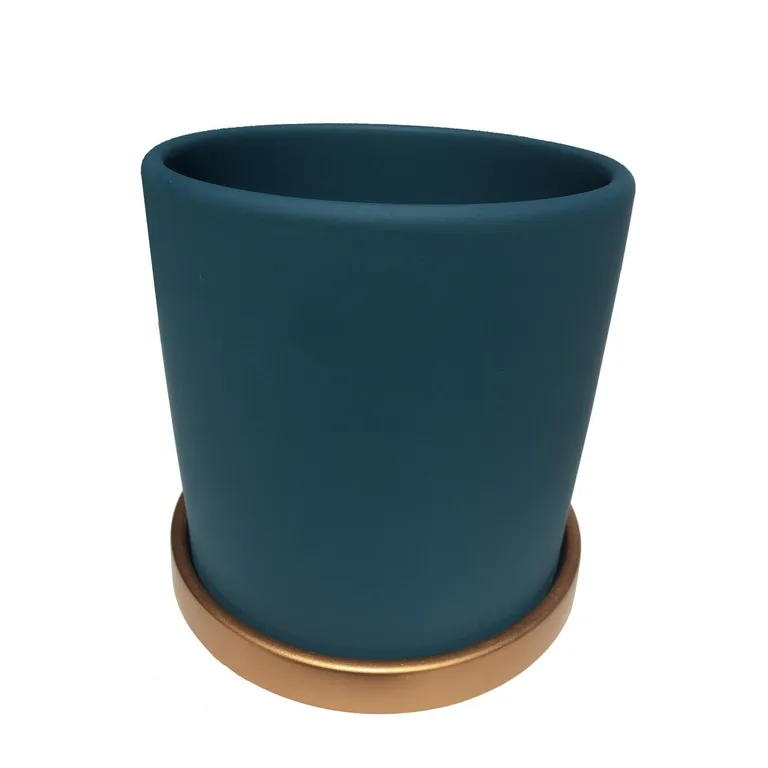 DECOGREEN Macetero con Plato M de Arcilla 15x15 cm Verde y Dorado