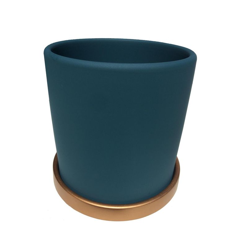 DECOGREEN Macetero con Plato S de Arcilla 13x13 cm Verde y Dorado