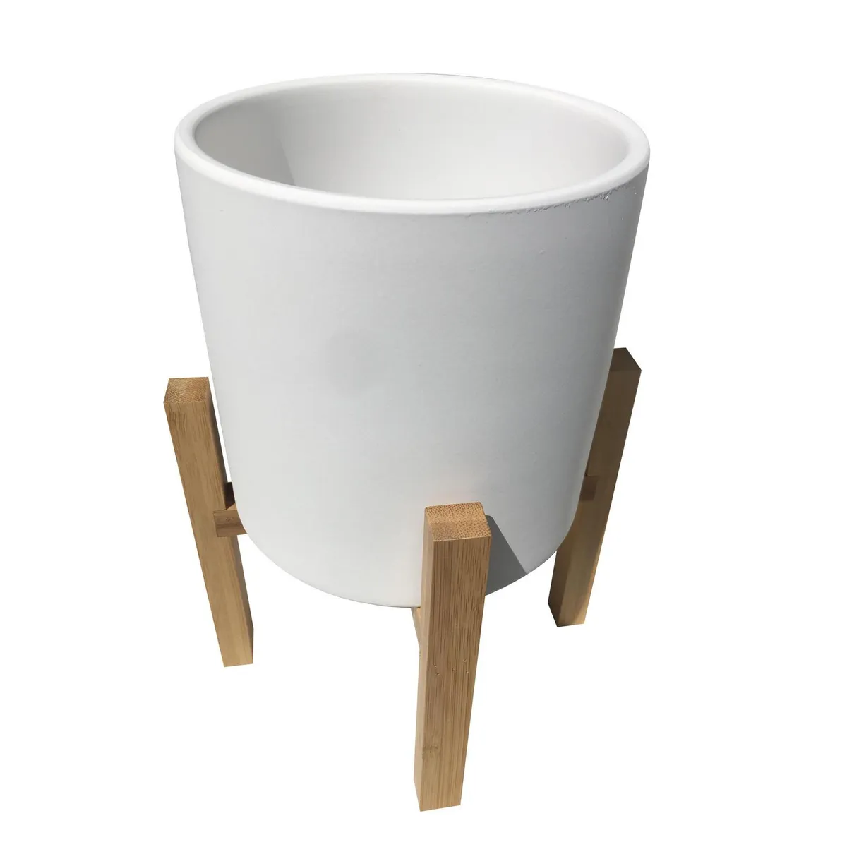 DECOGREEN - Macetero Cilindro de terracota color Crema con pedestal de bambú