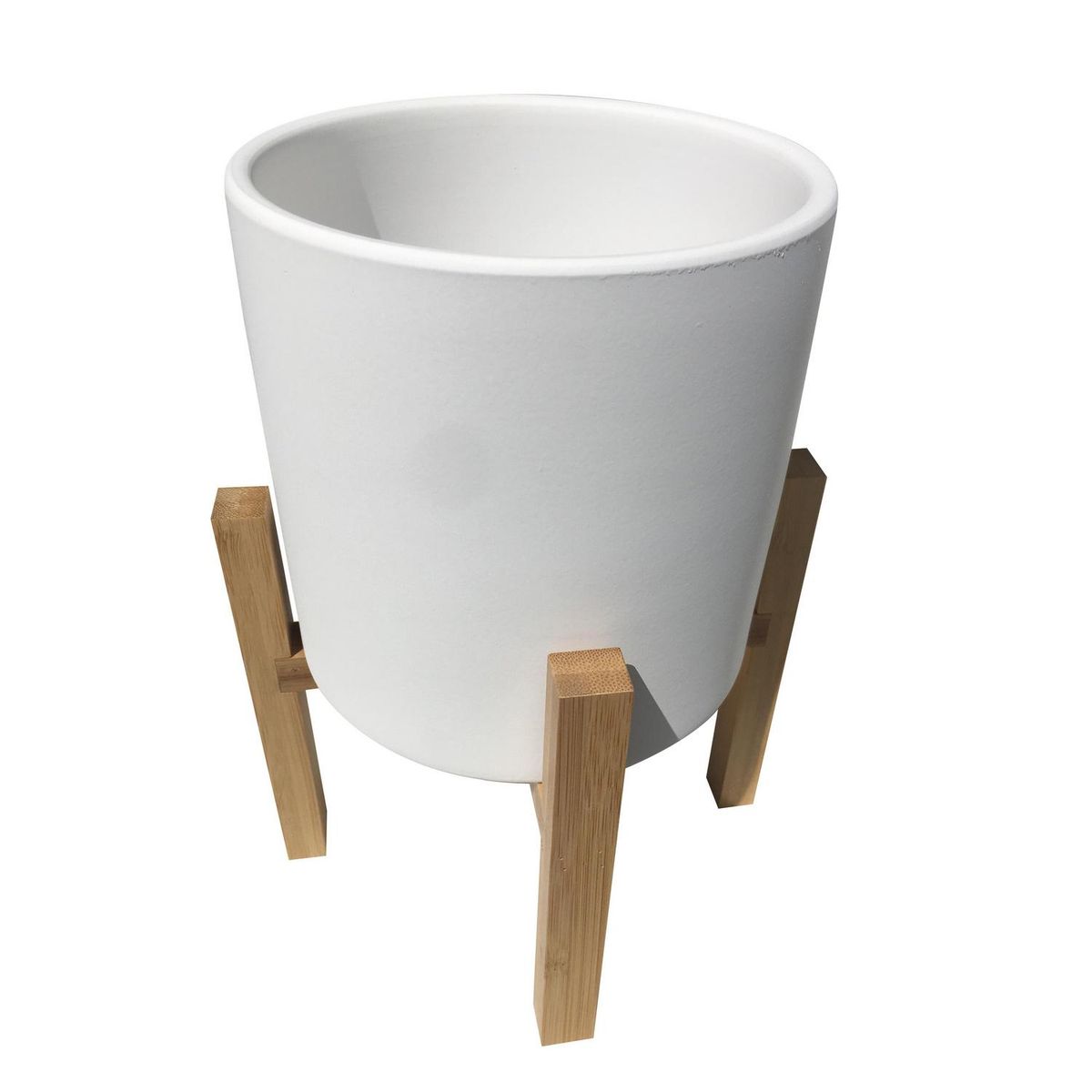 DECOGREEN - Macetero Cilindro de terracota color Crema con pedestal de bambú