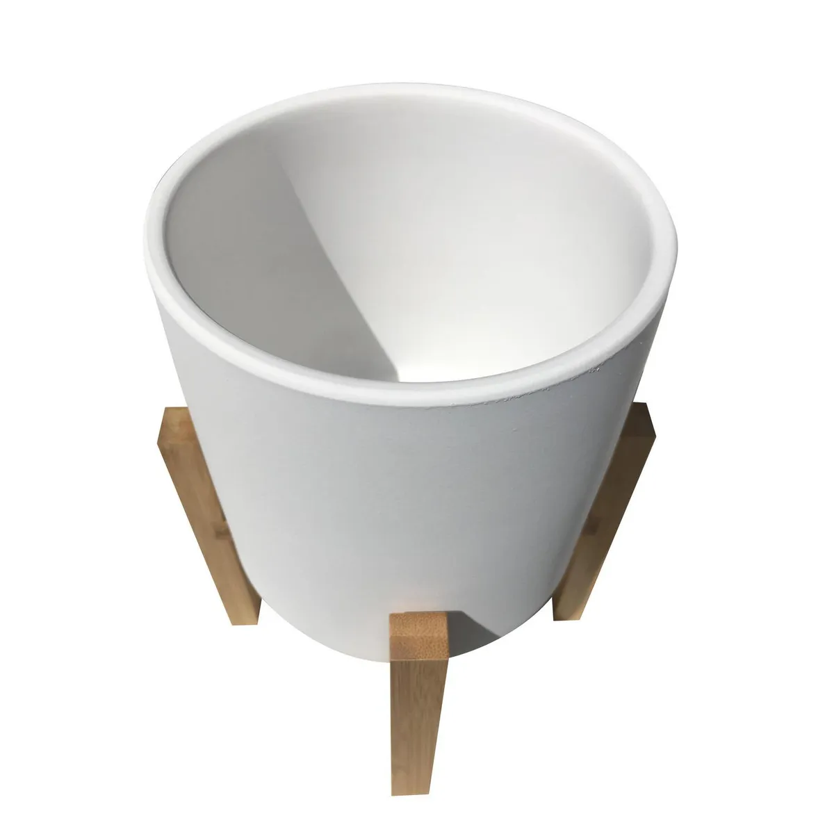 DECOGREEN - Macetero Cilindro de terracota color Crema con pedestal de bambú