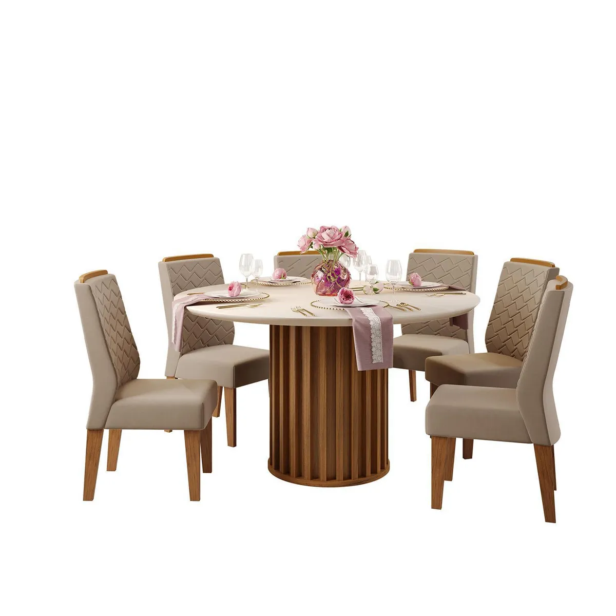 VEKKAHOME - Juego de Comedor Viena 6 Sillas Mesa Redonda 136x79,6x136 cm Café/Blanco