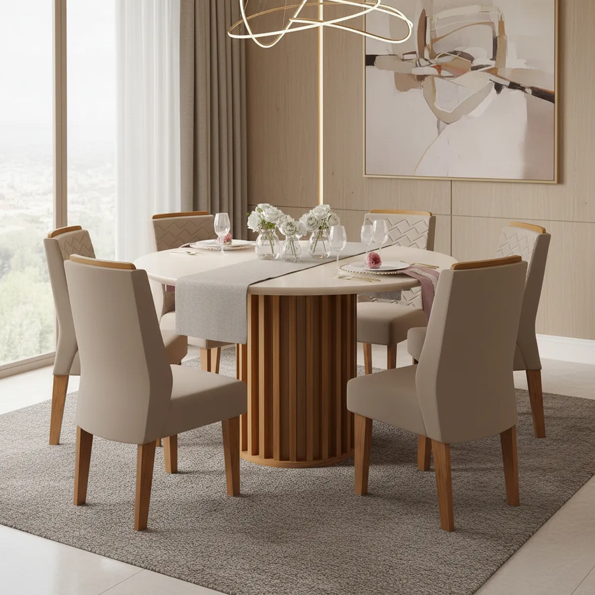 VEKKAHOME - Juego de Comedor Viena 6 Sillas Mesa Redonda 136x79,6x136 cm Café