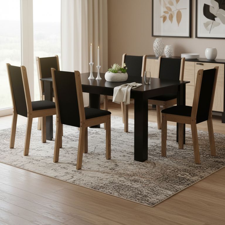 VEKKAHOME Juego de Comedor Lola Suecia 6 Sillas Mesa Rectangular 75x76x136 cm Negro