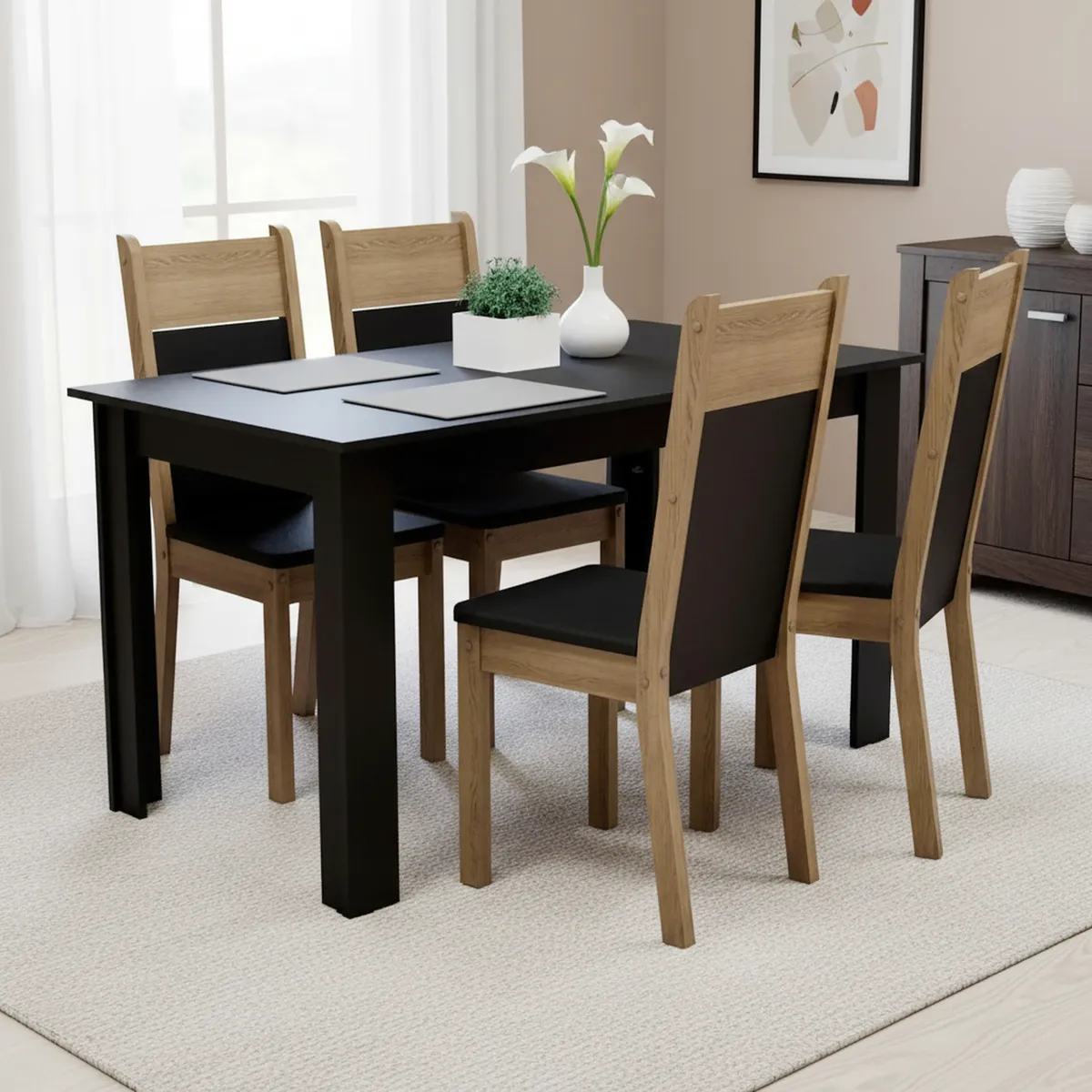 VEKKAHOME - Juego de Comedor Lola Nelly 4 Sillas Mesa Rectangular 75x76x136 cm Negro