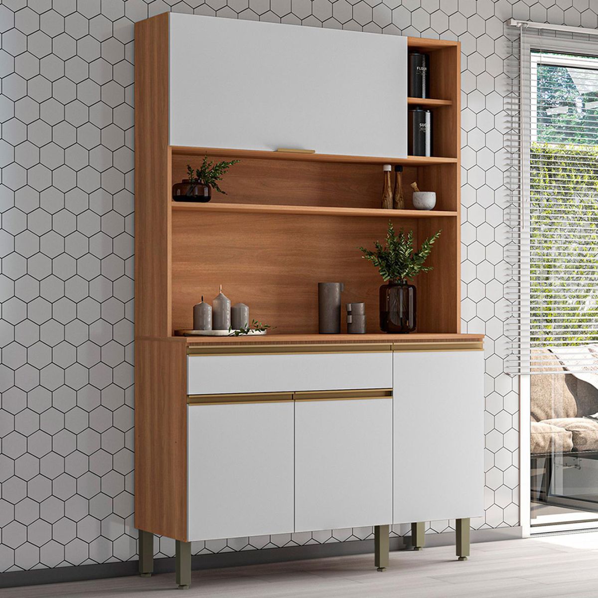 ROCA - Estante De Cocina Macadamia 4 Puertas + 1 Cajón Canela-Blanco