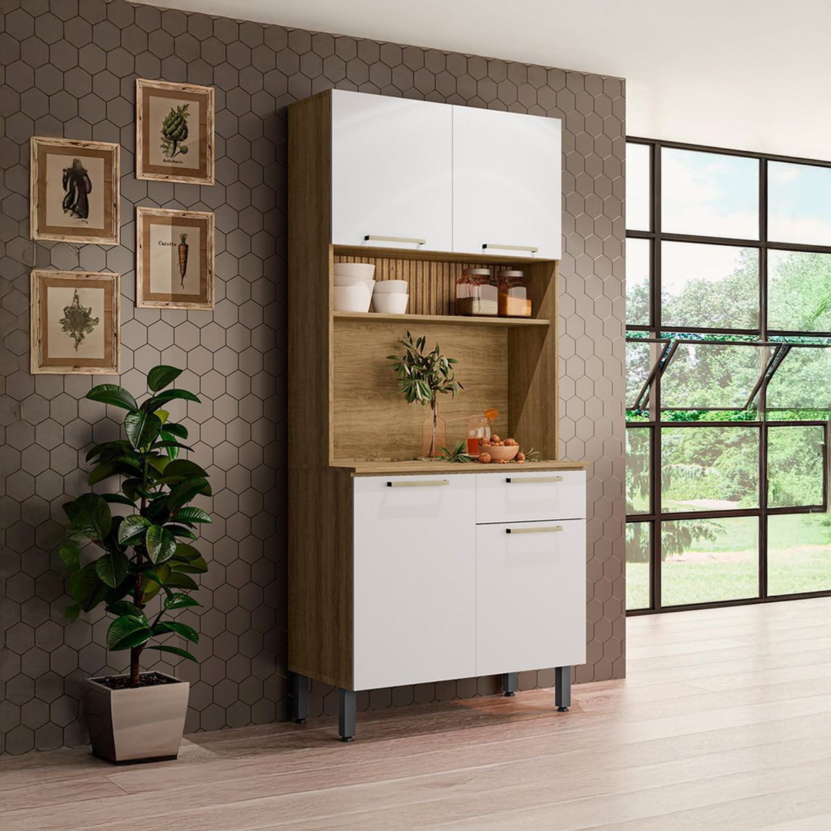 ROCA - Estante De Cocina Avela 4 Puertas + 1 Cajón Miel-Blanco