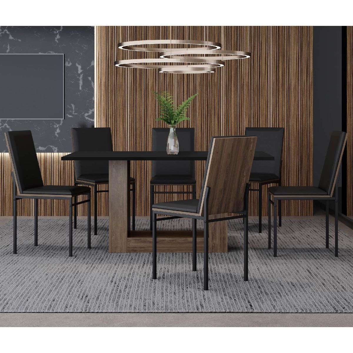 ROCA - Juego de Comedor Fortaleza 6 Sillas Mesa Rectangular 90x76,6x160 cm Nogal/Negro